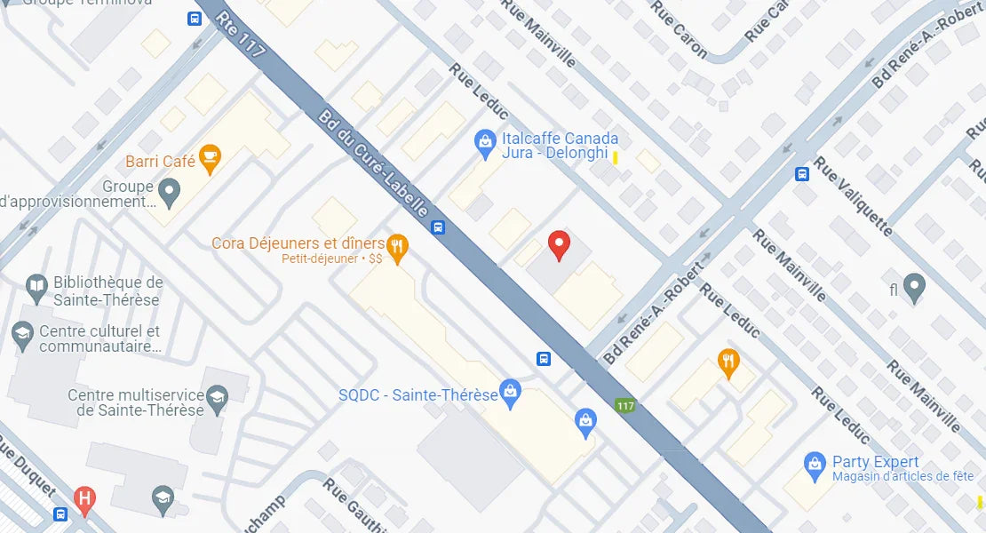 Carte de l'emplacement précis d'Euphorie chiot Puppy Yoga à Sainte-Thérèse sur la Rive-Nord de Montréal.